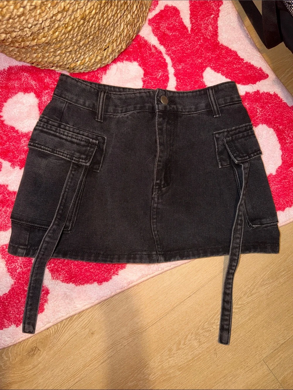 Black Cargo Denim Mini Skirt with Utility Straps